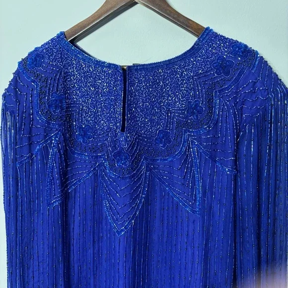 Vintage 80s 100% Silk Beaded Sequin Top Women 26 Long Sleeve Party Cocktail VTG - Picture 7 of 15